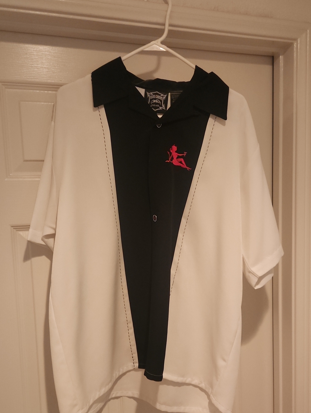 Black and White Bowling Shirt with Pink Logo